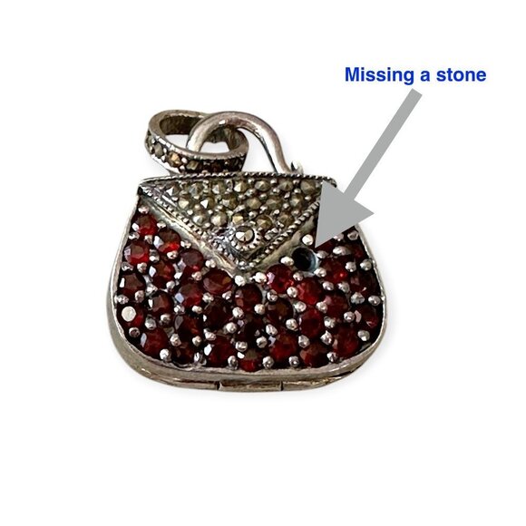 Vintage Sterling‎ Silver Red Crystal Purse Locket Pendant - Picture 7 of 10